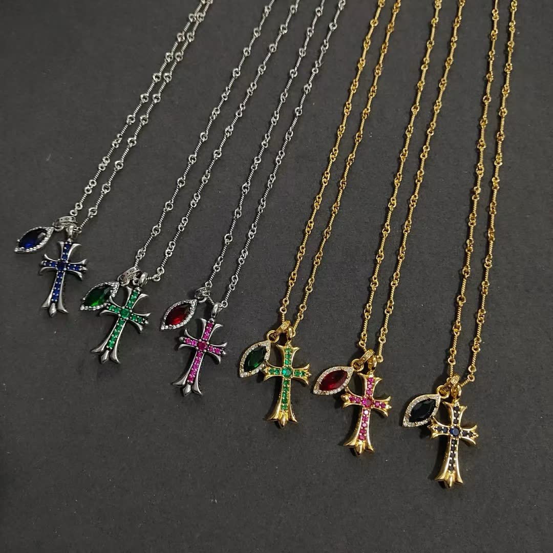 Chrome Hearts Chronic Hearts Gold Plated Cross Pendant with Ruby and Diamond Accents